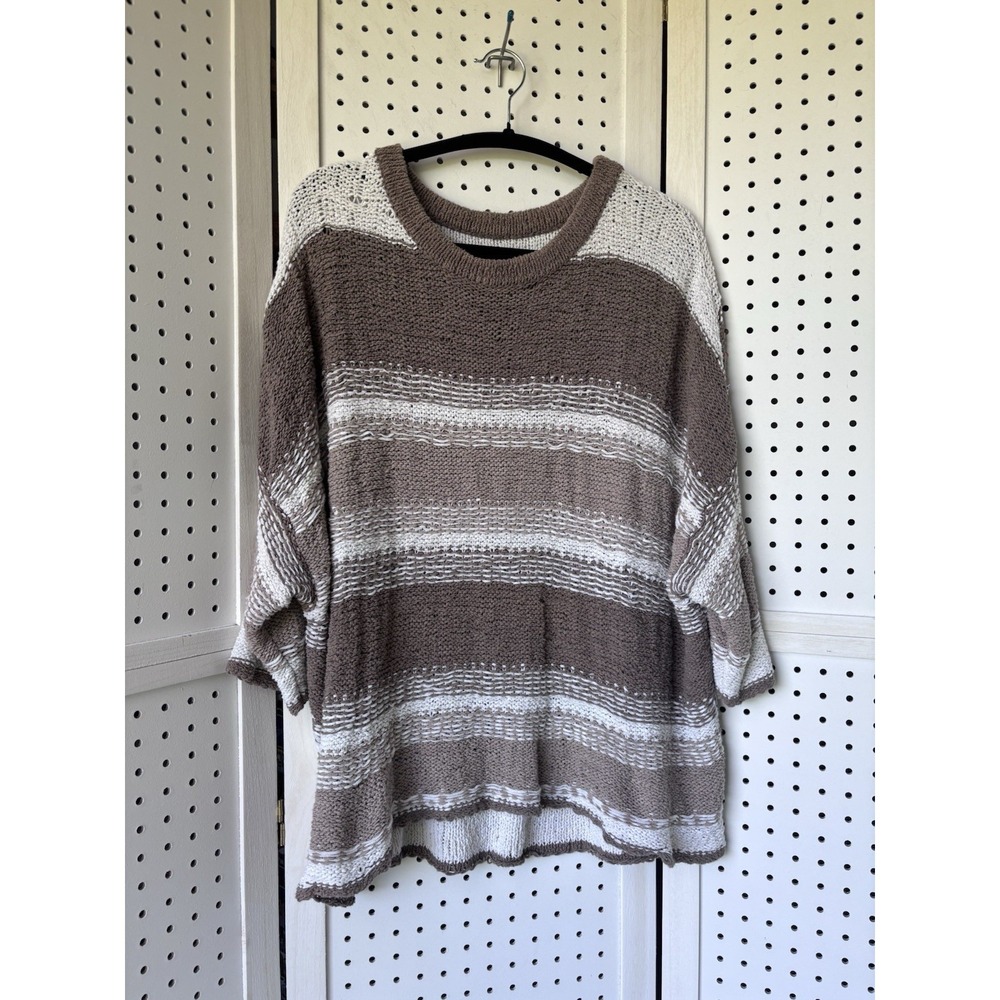 Aerie Lg/XL Boxy Short SLV Sweater Taupe White Brown Striped Knit Cotton Nylon